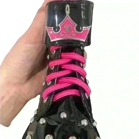 DISNEY CRUELLA DE VIL Black Patent Leather Studded Kids Boots‎ Shoes Pink Size 7 - Picture 6 of 6